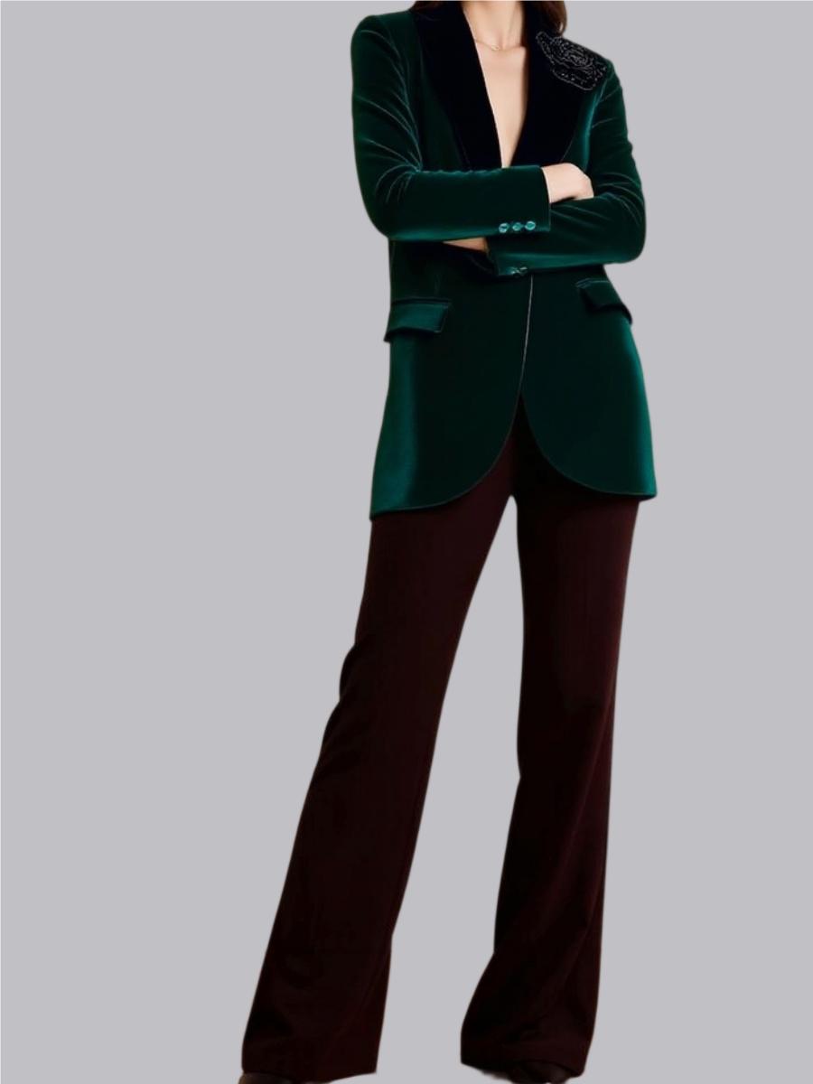 Velvet 3D Flower Brooch Thickened Long Sleeve Single Buckle Grace Profession Blazers