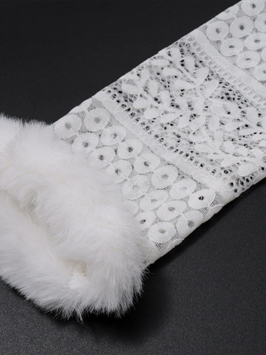 Off-shoulder Lace Crochet Plush Cuffs Everyday Party Christmas Mesh/see-through Top