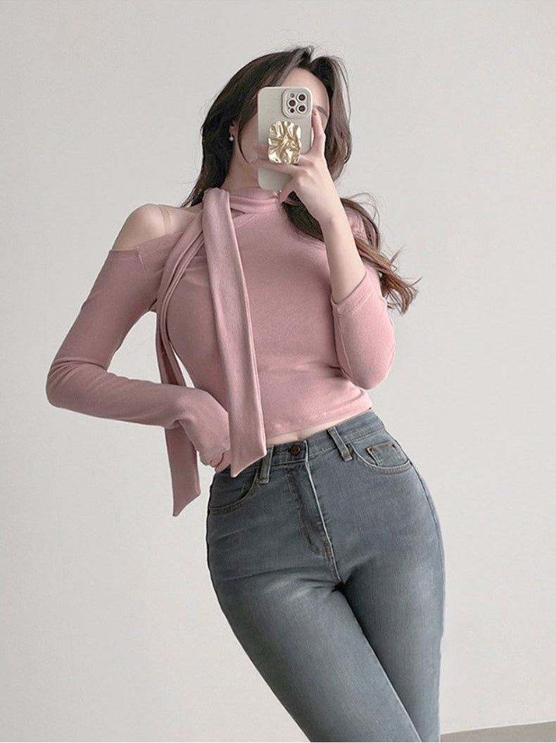 Elegant Tie-neck Fitted Long-sleeved T-shirt