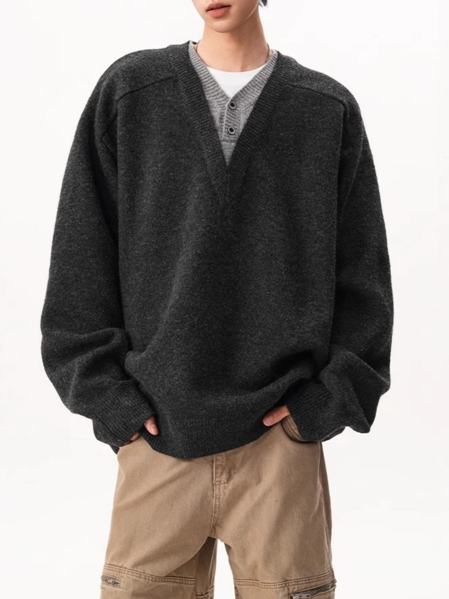 Retro Faux-Layer V-Neck Patchwork Oversized Knit Pullover