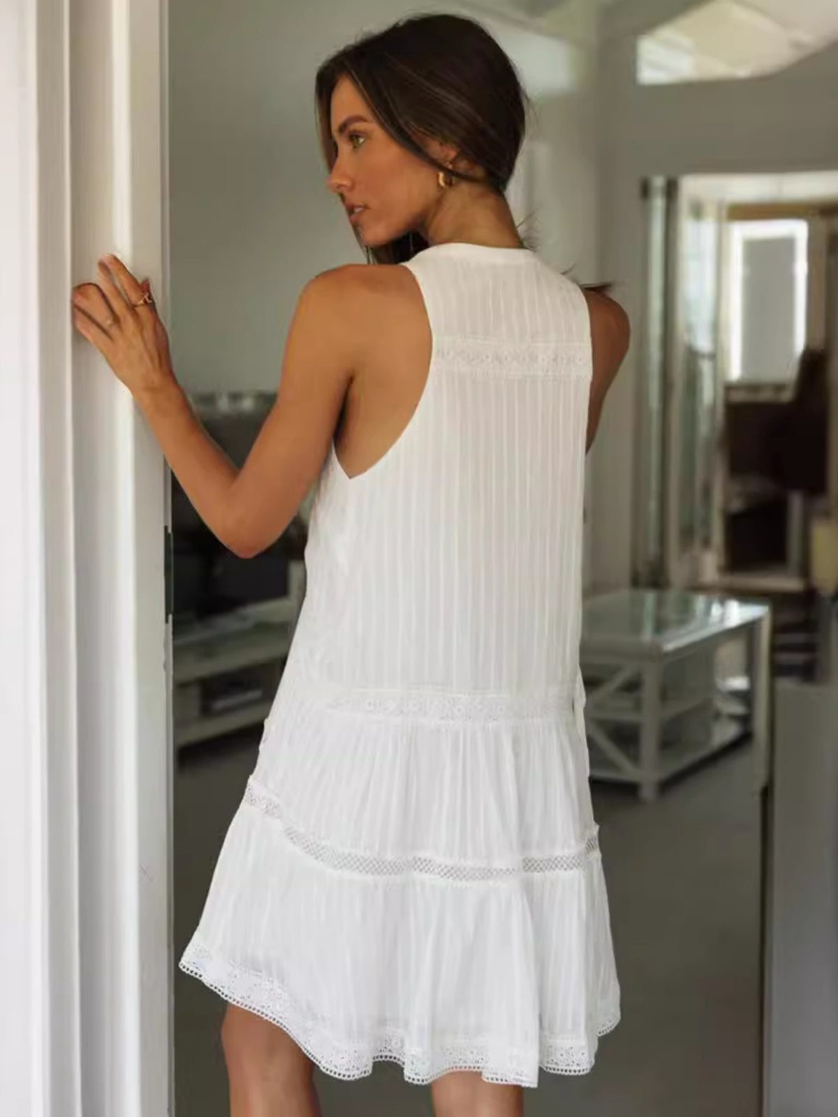 Lace Patchwork Stand-up Collar Buttons Large Skirt Mini&Short Dresses