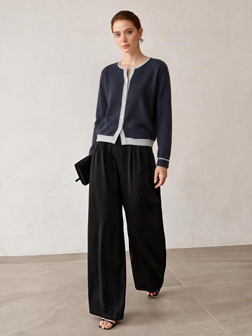 100% Wool Color Block Crew Neck Knit Cardigan