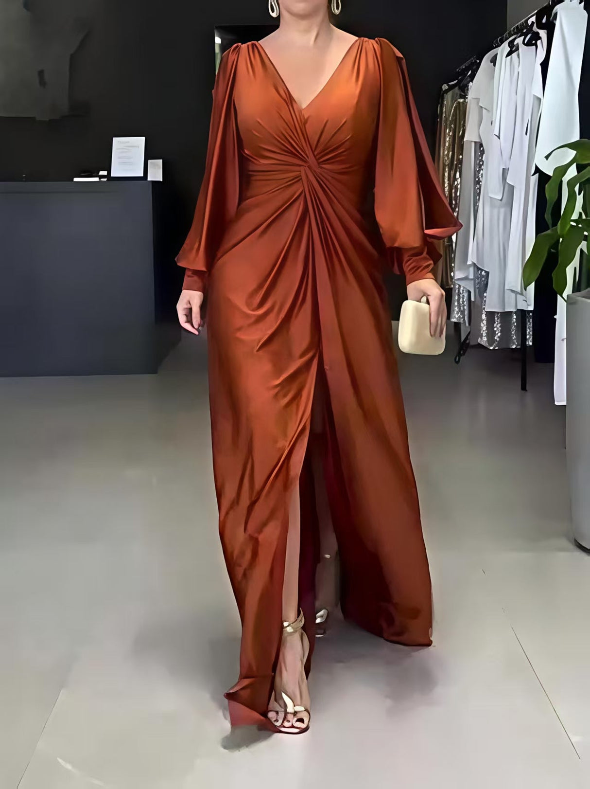 V-neck Solid Color Long Sleeve Slim Fit Slit Maxi Dresses