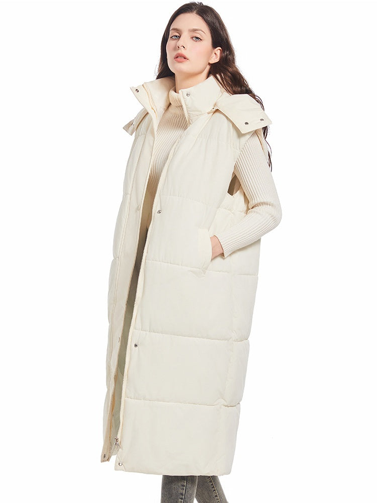 Hooded Zipper Button Vest Long Knee-length Vest Slim Waist Down Vest Jacket