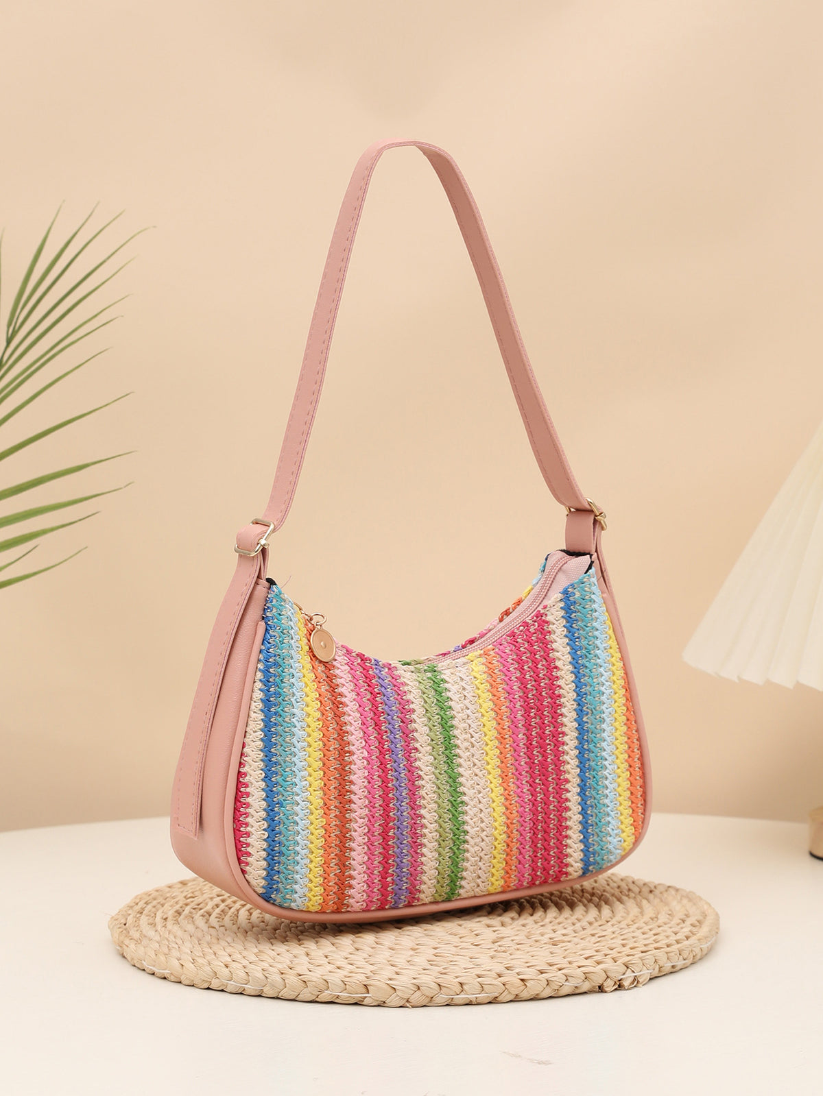 Colorful Straw Shoulder Bag For Vacation