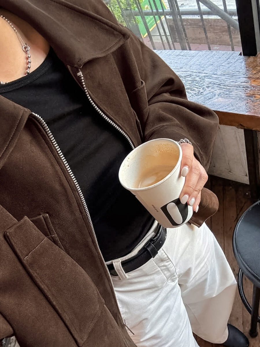 Basic Suede Pocket Trim Dark Brown Jacket