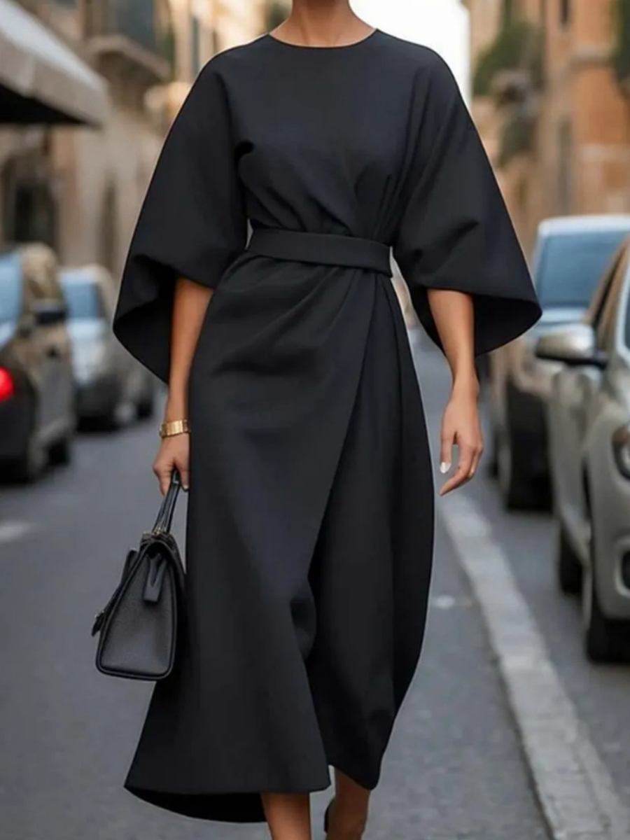 Solid Color Fitted Waist Dress, Casual Batwing Sleeve Long Skirt
