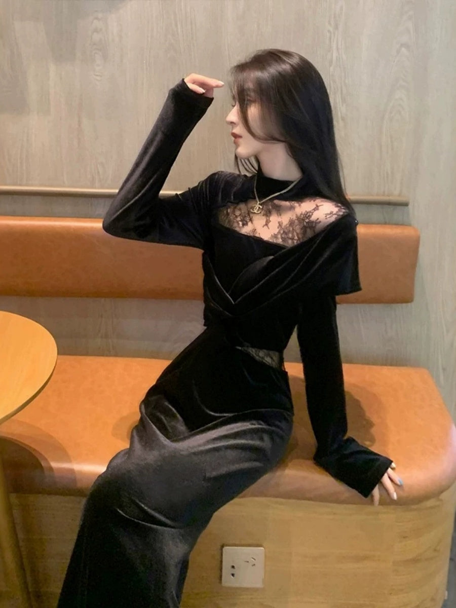 Velvet Dress, Women's Style, Rich Heiress Look, Lace Long-sleeved Black Dress