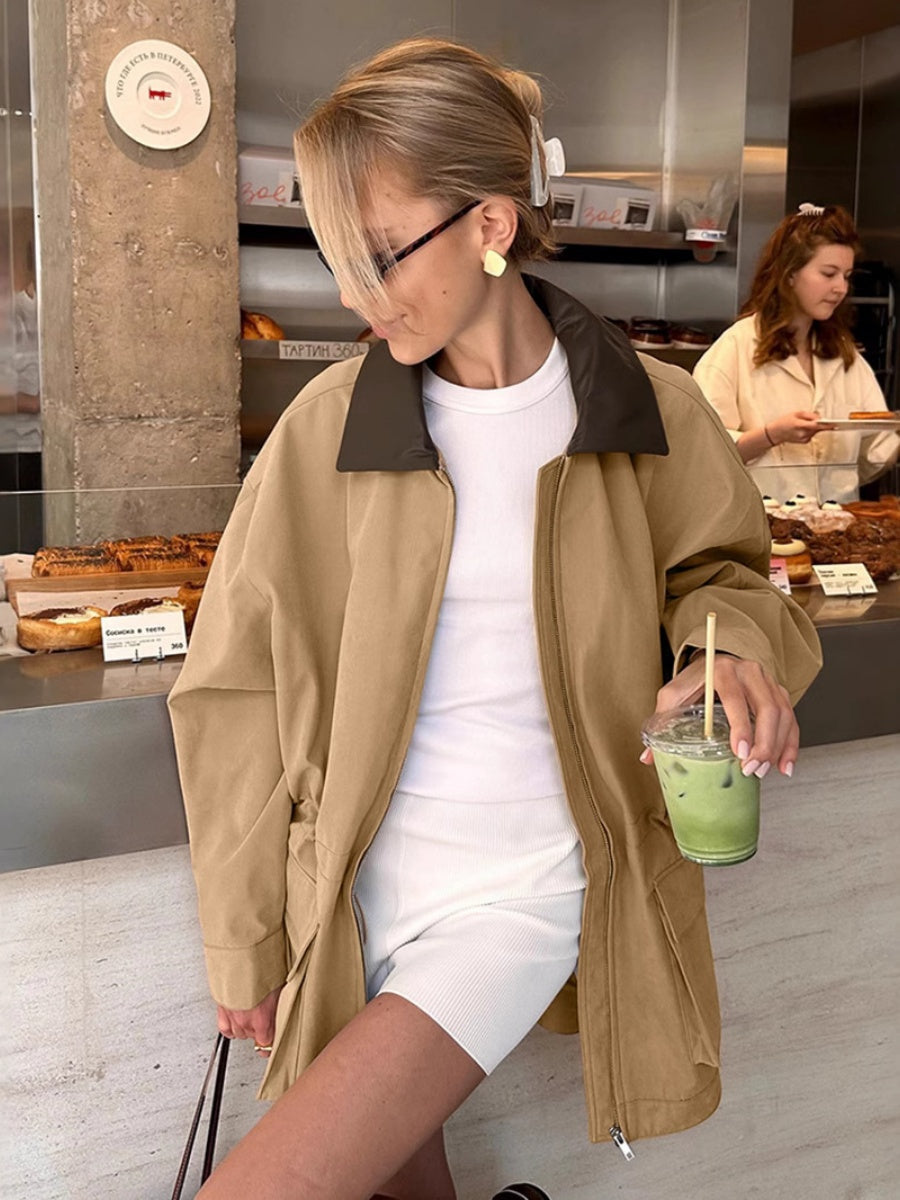 Regular Large Pockets Zipper Paneled Collar Trench Coat