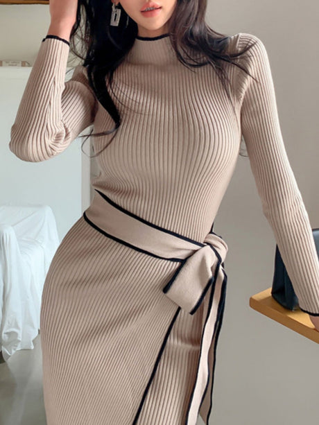 Half-high Collar, Ribbed, Slim-fitting, Color-blocked Mid-length Knitted Dress With Ties