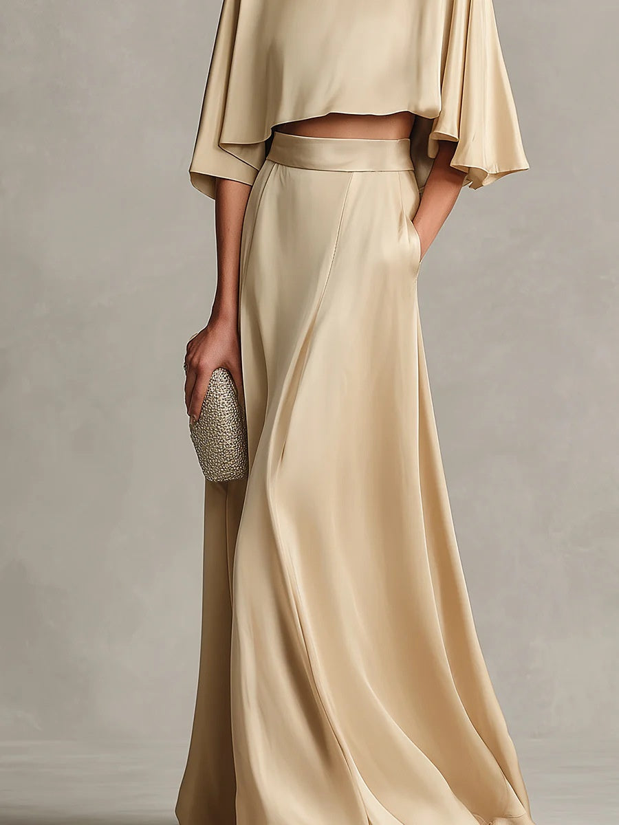 Satin Shawl-Sleeve Long Dress Two-Piece Set