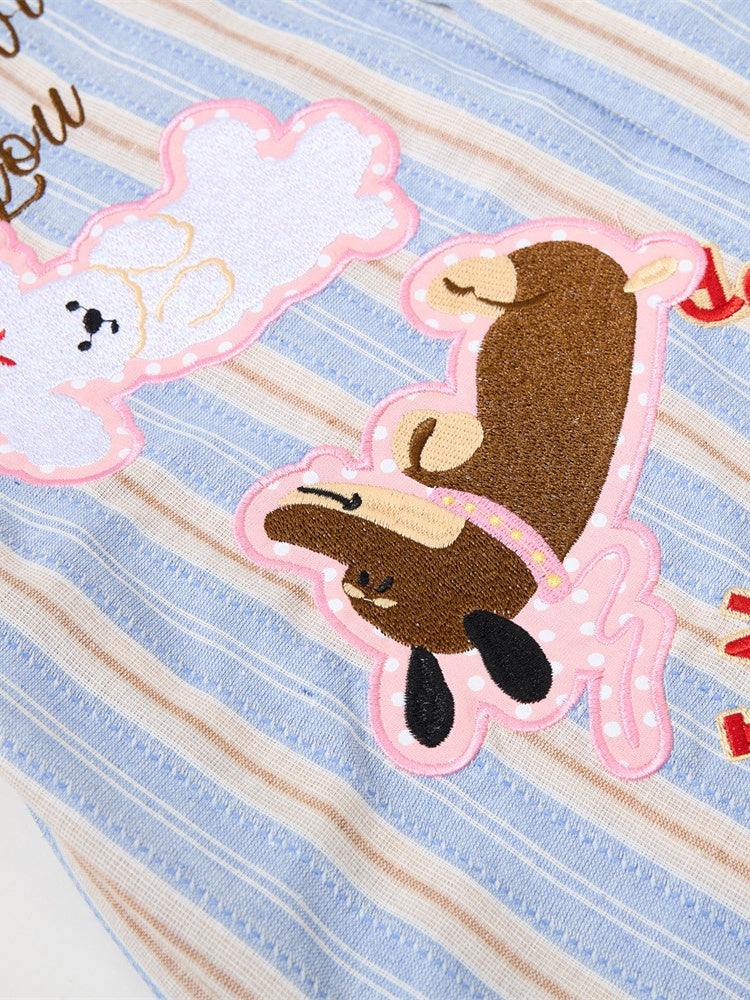 Cartoon Embroidery Vertical Stripe Hip Hop Loose-fit Color-blocked Shirts