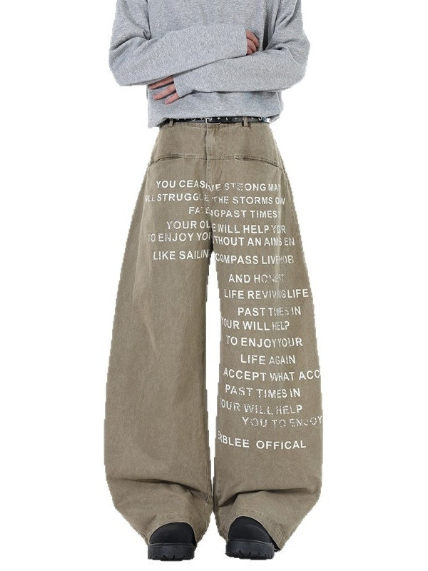 Letter Printed Khaki Loose Straight Machete Jeans