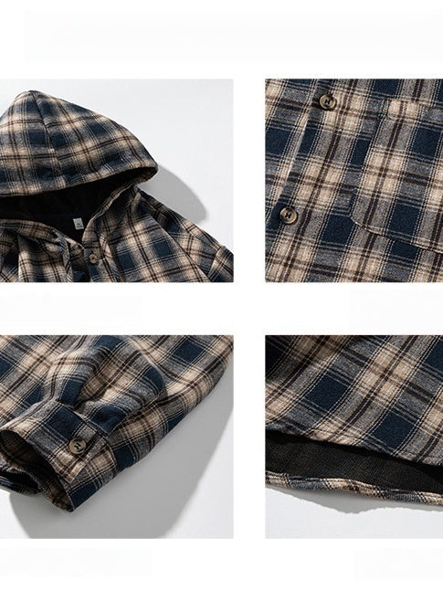 Color-blocked Plaid Hooded Shirt