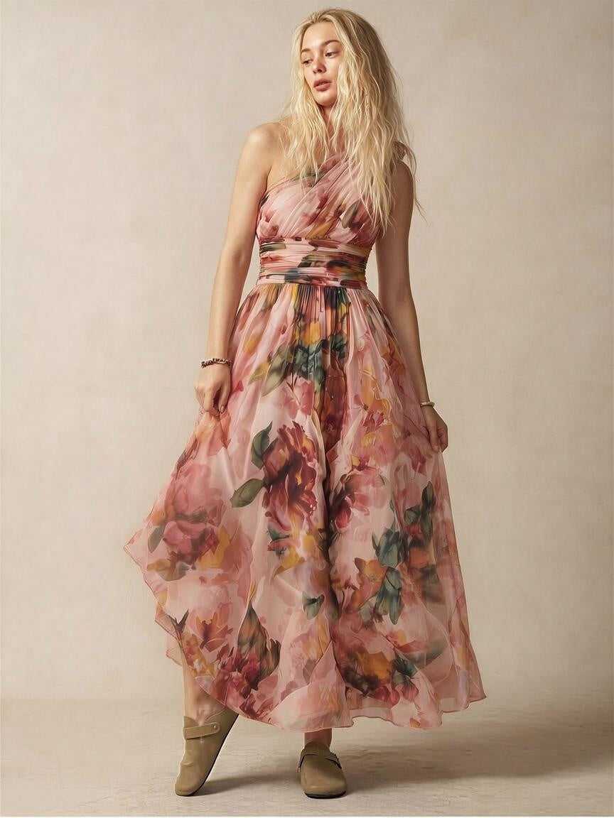 Off-shoulder Sleeveless Floral Print Maxi Dresses