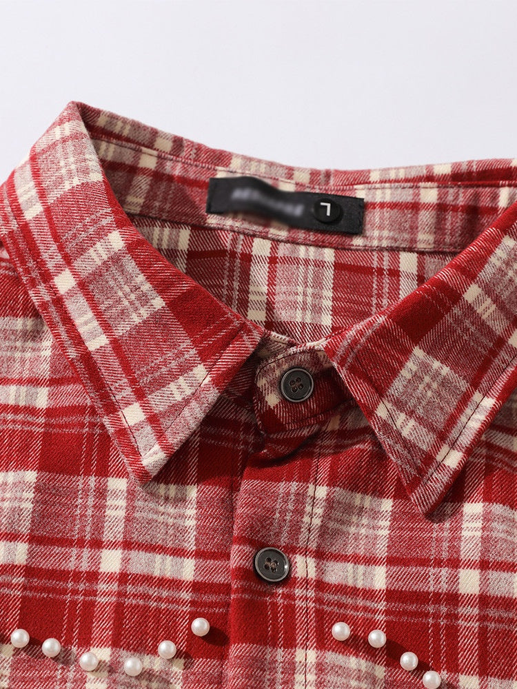 Loose Plaid Cross Beading Long-sleeved Shirt
