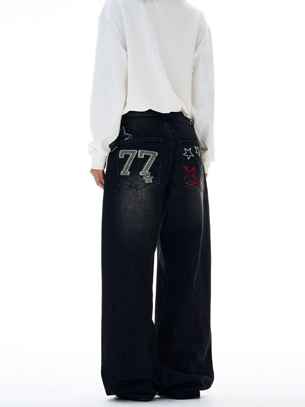 Star Letters Embroidery Design Casual Wide-leg Pants