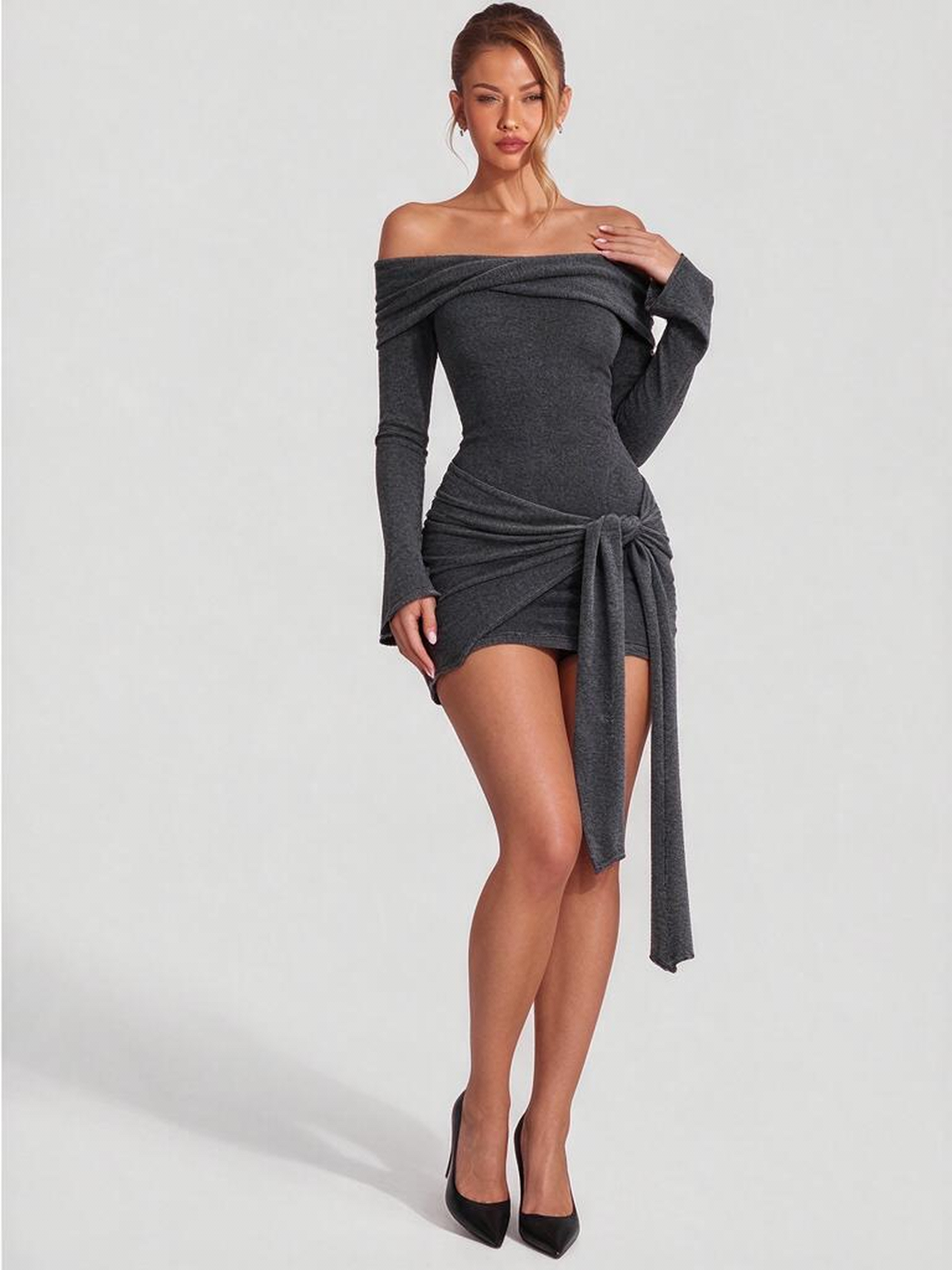 Off-the-shoulder Long-sleeved Tie-up Short Knit Dress