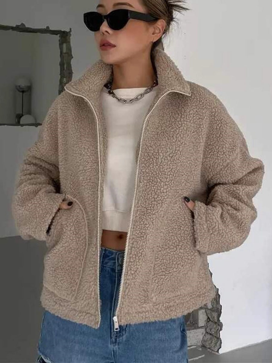 Leisure Long Sleeve Stand Collar Zipper Pocket Lambswool Jackets