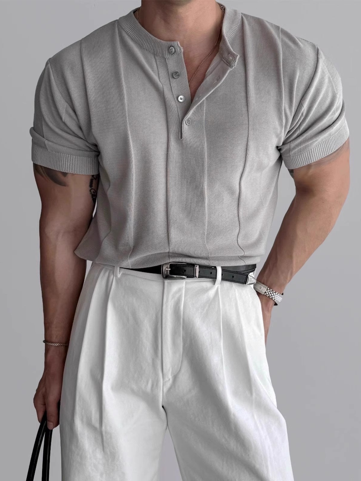 Henry's Collar Vertical Stripe Slim-fit T-shirts