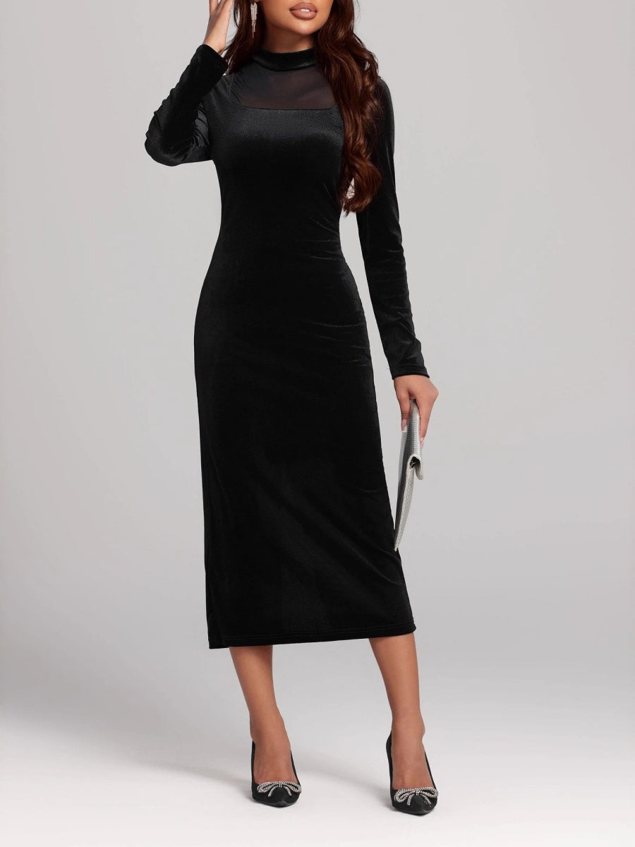 Hip-wrapped Velvet Turtleneck Square Collar Stitching Back Slit Elegant Long Dress