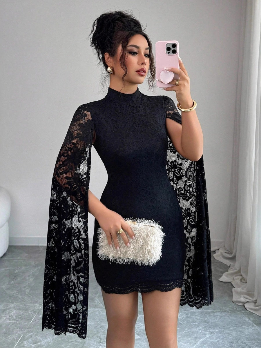 Stand Collar Lace Slit Long Sleeve Dinner Grace Sexy Short Dress