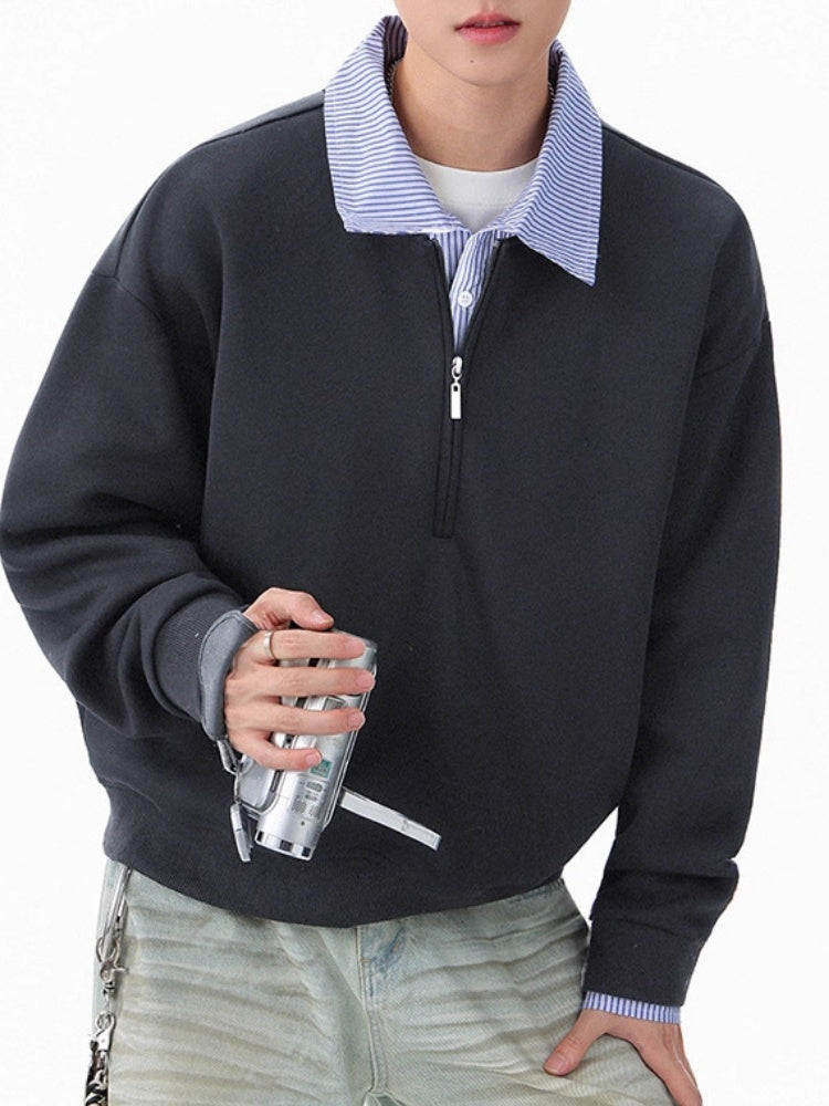 Mock-layer Striped-panel Polo Shirt