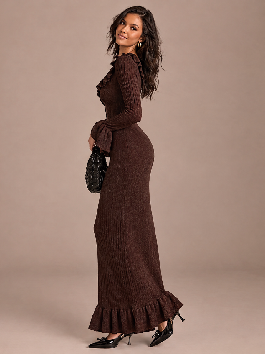 U-neck French Long-sleeved Simple Ruffled Knit Maxi Dress
