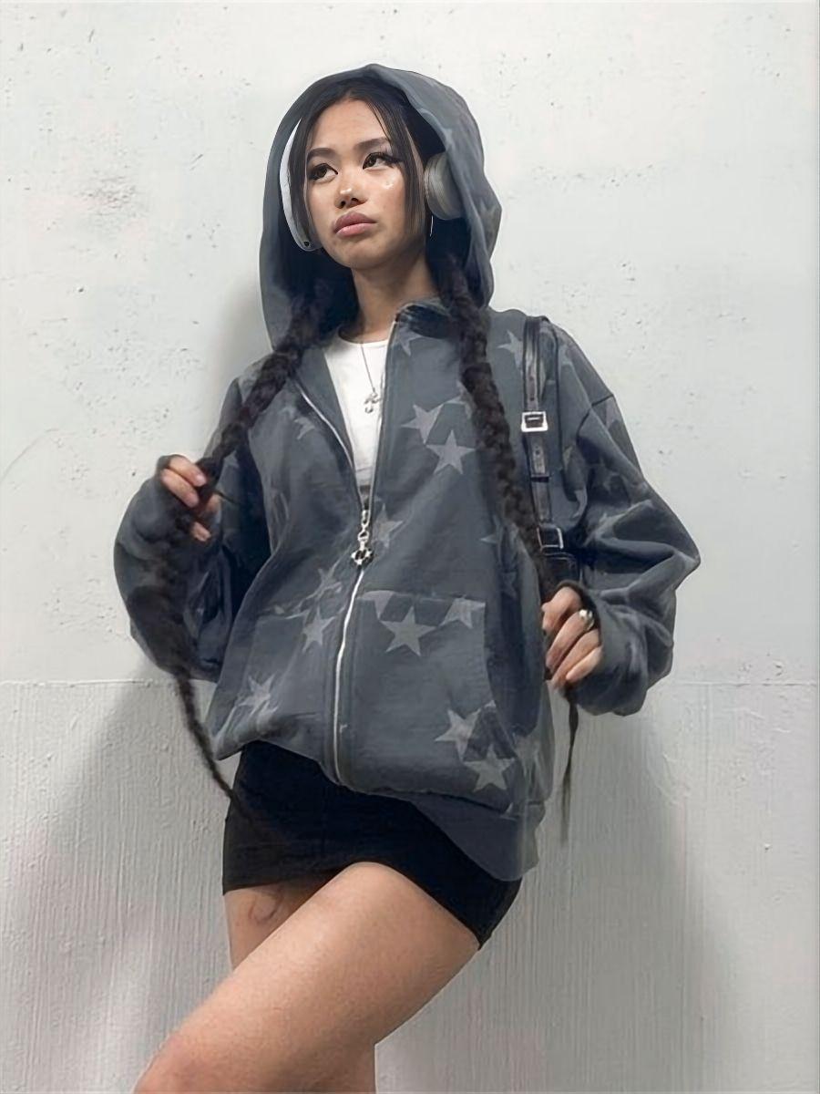 Old Star Print Zippered Loose Hooded Sweatshirt