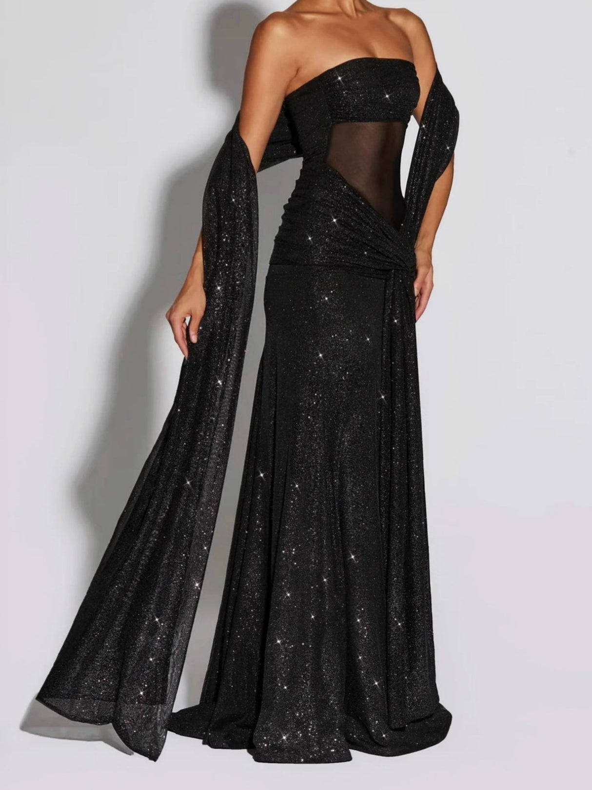 Sequined Strapless Top Perspective Ribbon Waist-cinching Belt Maxi Dresses