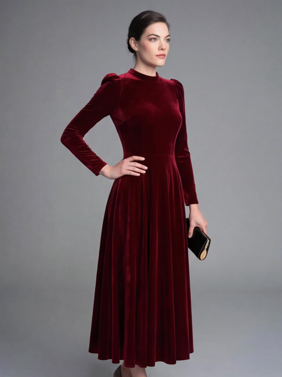 Long Sleeves Solid Color Velvet Maxi Dresses