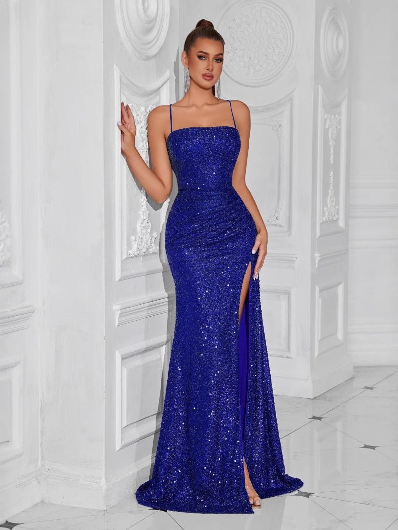 Fitted Strapless Serrated Long Dress With Sequins