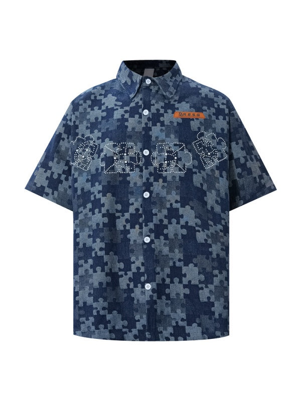Retro Puzzle Rhinestone-studded Floral Shirts