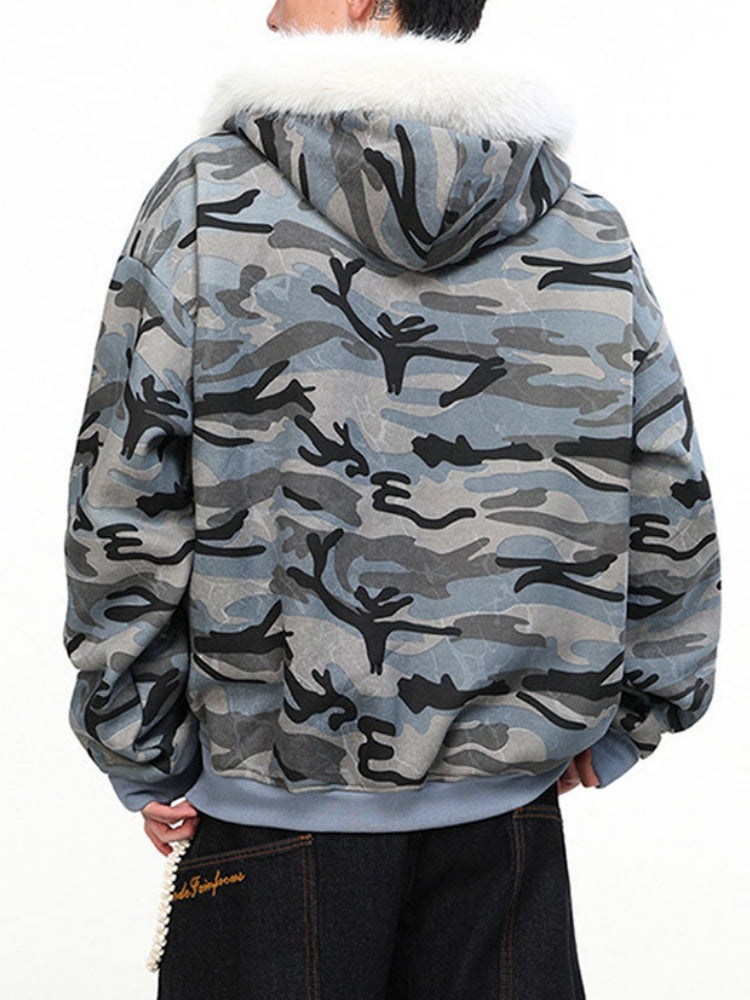 Vintage Camo Faux-Fur-Collar Hooded Jacket
