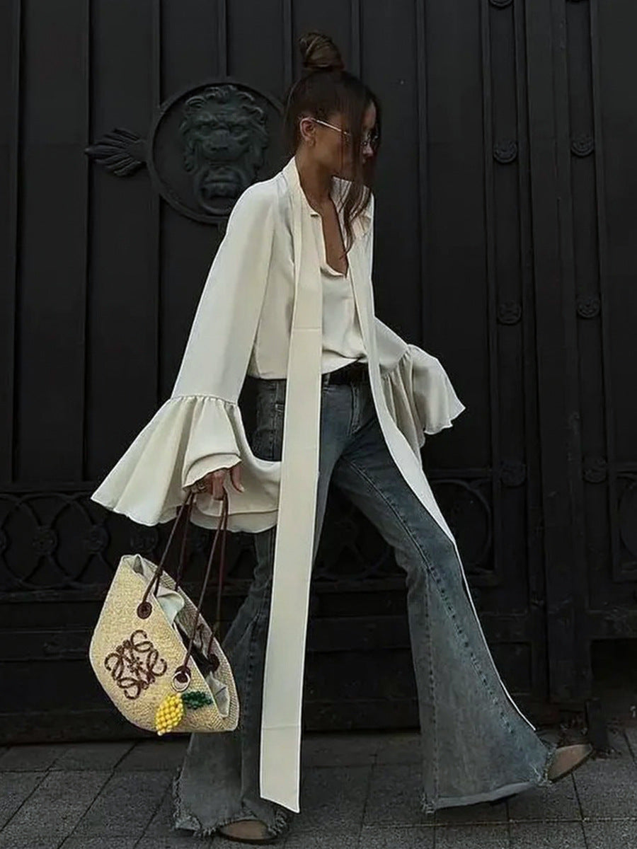 Elegant And Stylish Autumn New Style Ribbon Shirt With Ruffled Bell Sleeves