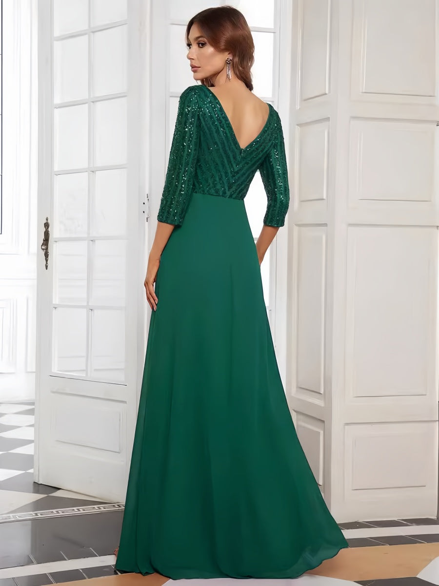 V-neck Sequins Spliced Long Dress