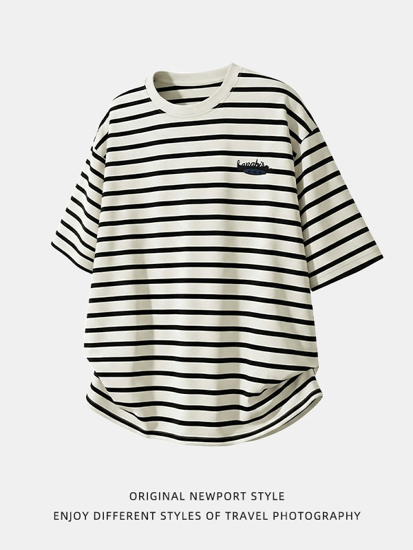 Color-blocked Stripes Letter Applique T-shirts