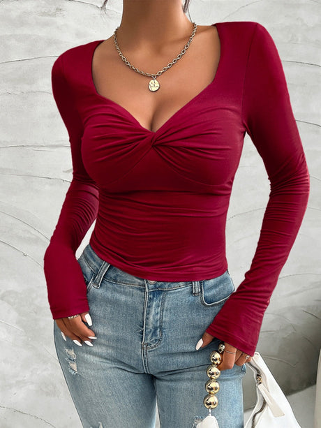 V-neck Red Slim Fit T-shirt With Chest Twist