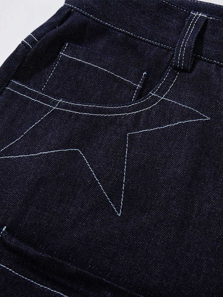 Five-pointed Star Loose-fit Straight-fit Multiple Pockets Five Points Denim Shorts