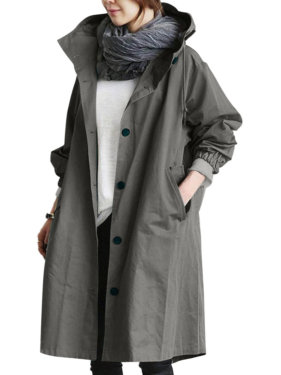 Oversized Hooded Single-Breasted Mid-Length Trench Coat