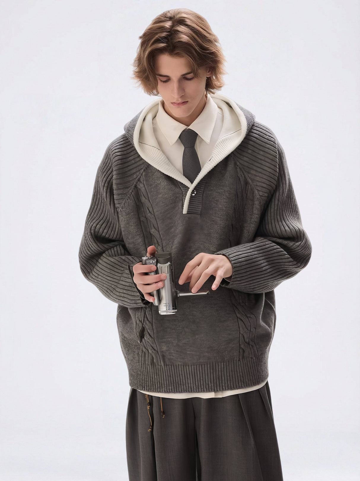 Layered-look Hooded Half-zip Color-block Sweater