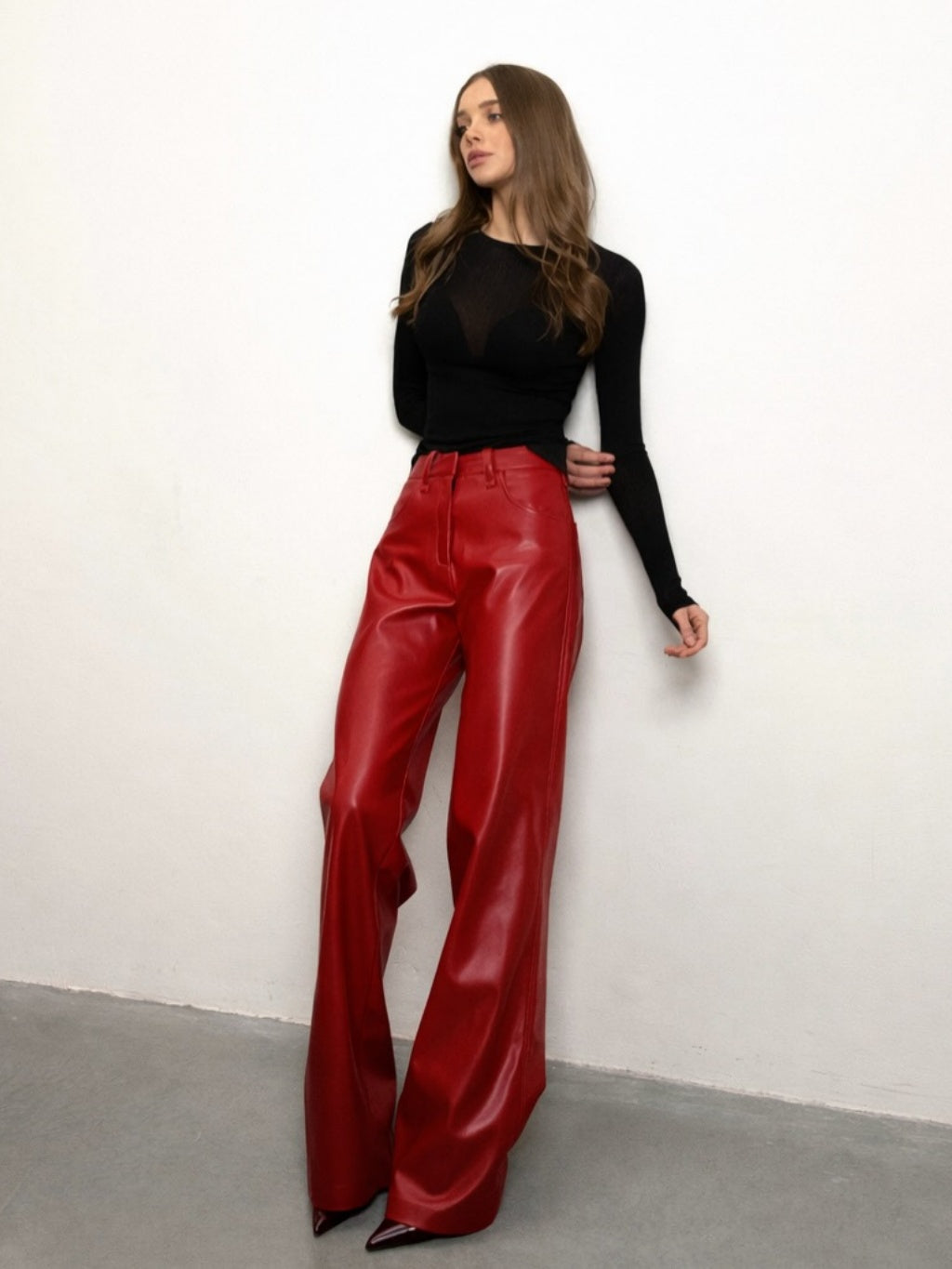 High-waisted Slim-fit Straight-leg PU Leather Pants