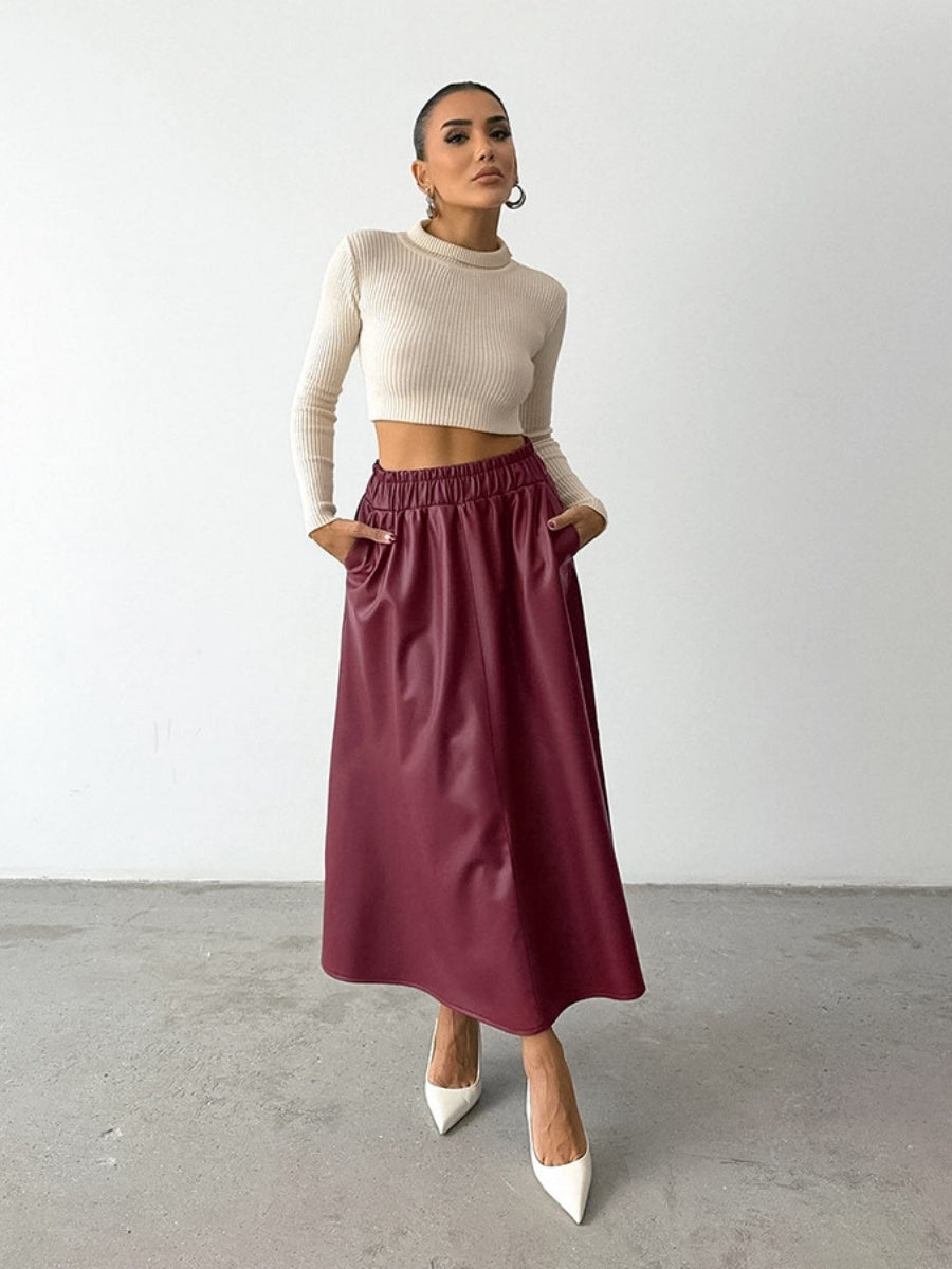 A-line skirt with full pockets Pu leather skirt