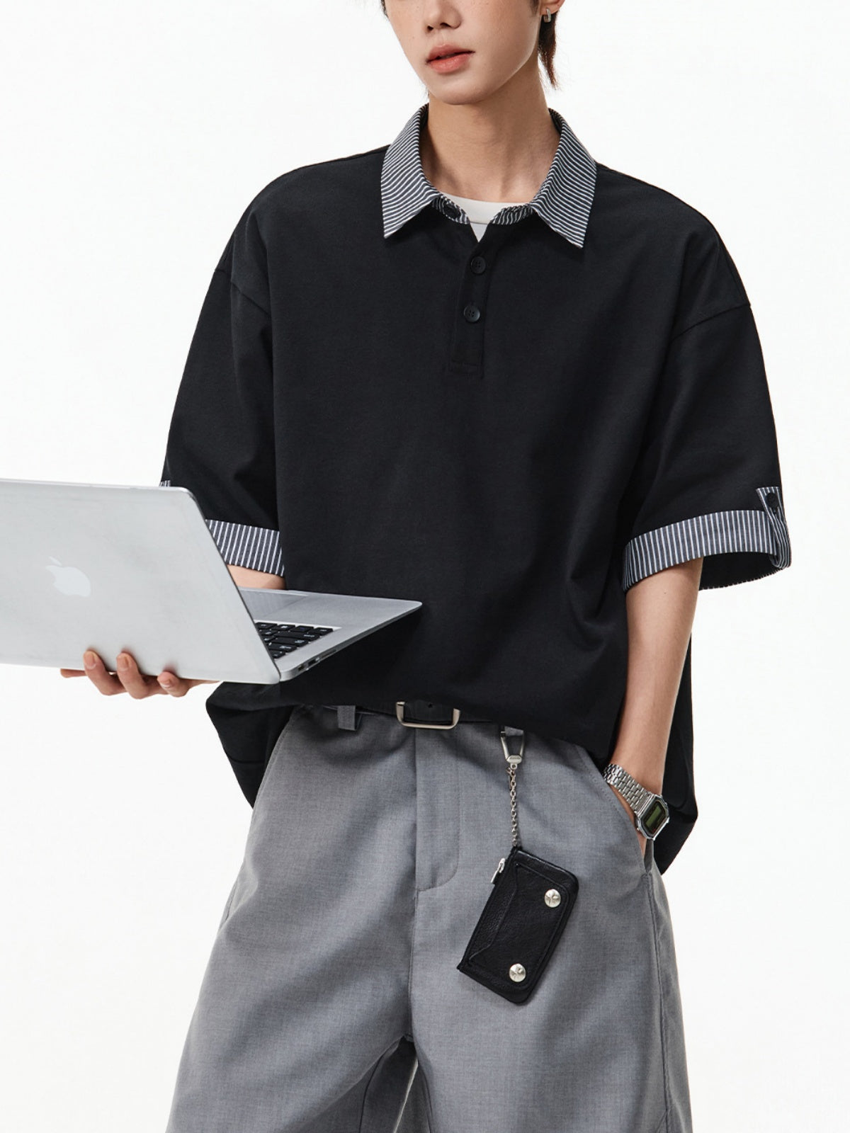 Color-blocked Layered-look Stripes Patchwork Polo Shirt