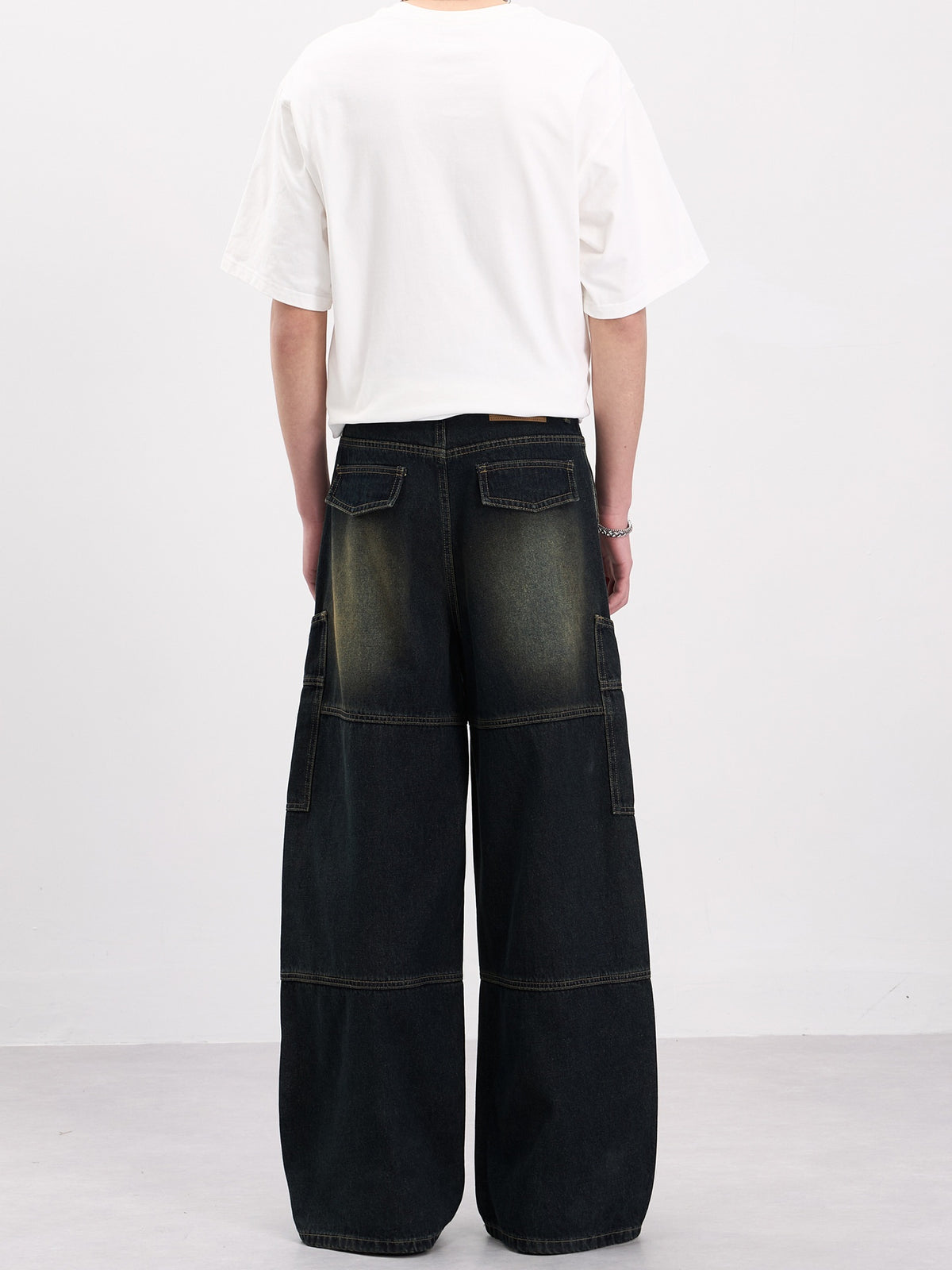 Distressed Washed Big Pocket Wide-leg Straight-fit Jeans