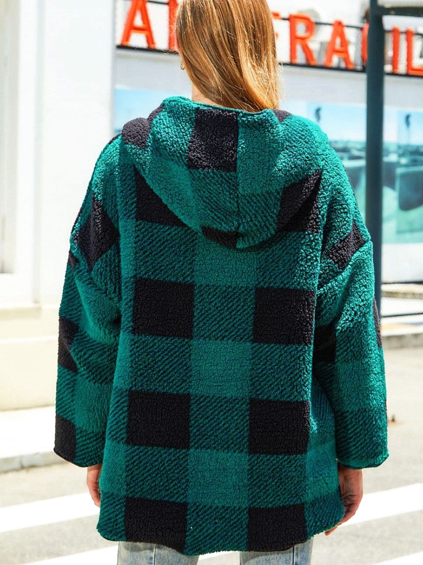 Reversible Christmas Cardigan Pocket Hooded Plaid Jacket