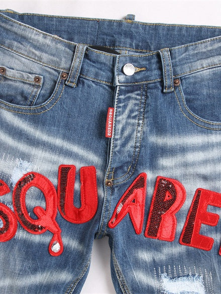 Punk Jeans Blue Hole Slim Fit With Patch Embroidery Mid-rise Jeans