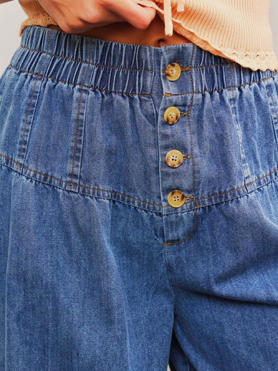 Straight-leg Pants, Water Wash Wide-leg Pants Elastic Waist Jeans