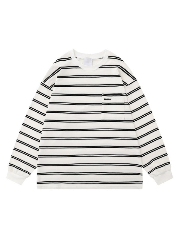 Stripes Color-blocked Embroidery Pocket Loose-fit T-shirts