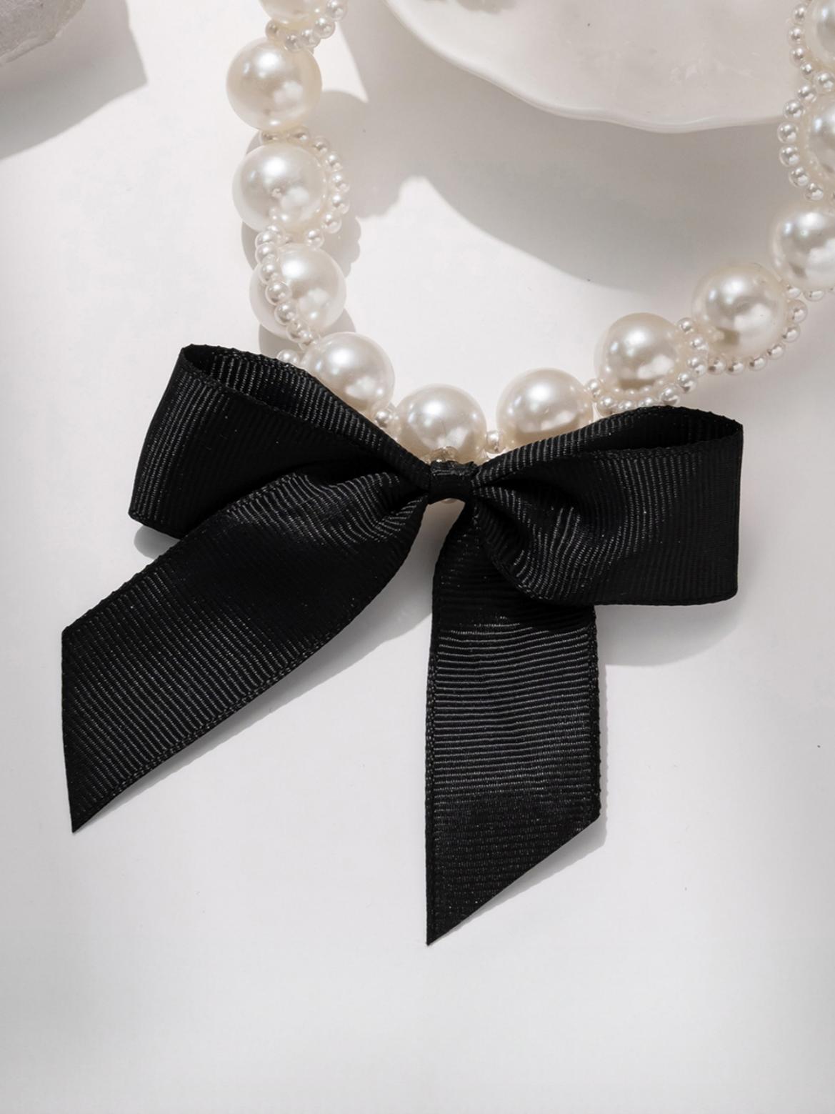 Imitation Pearl Ribbon Bow Necklace